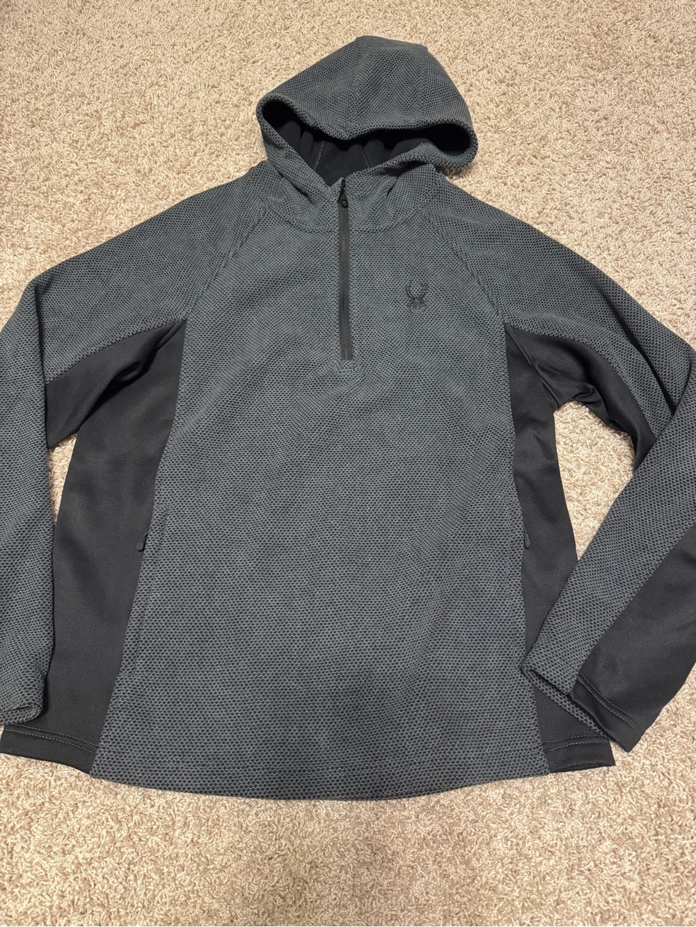 Men's Spyder Hooded Quarter-Zip Pullover Jacket - Charcoal/Black Sz Large Fleece
